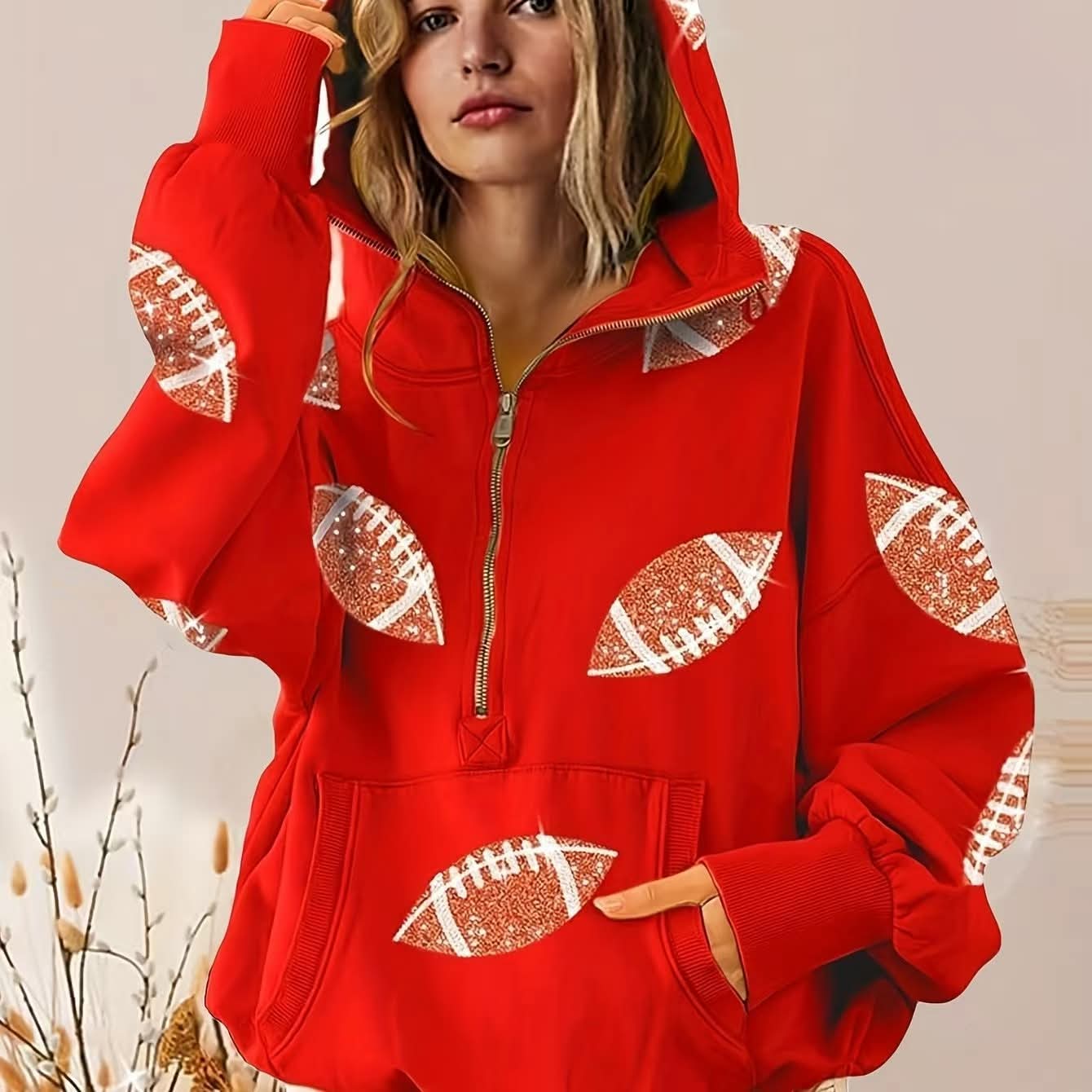 Football Sequin Half Zip Hoodie