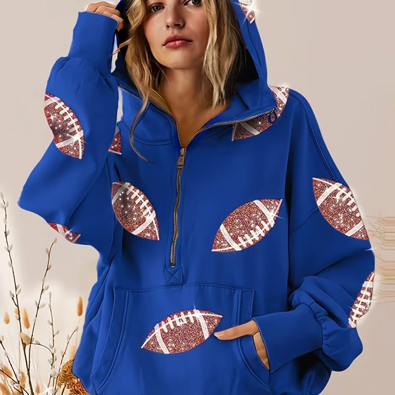 Football Sequin Half Zip Hoodie