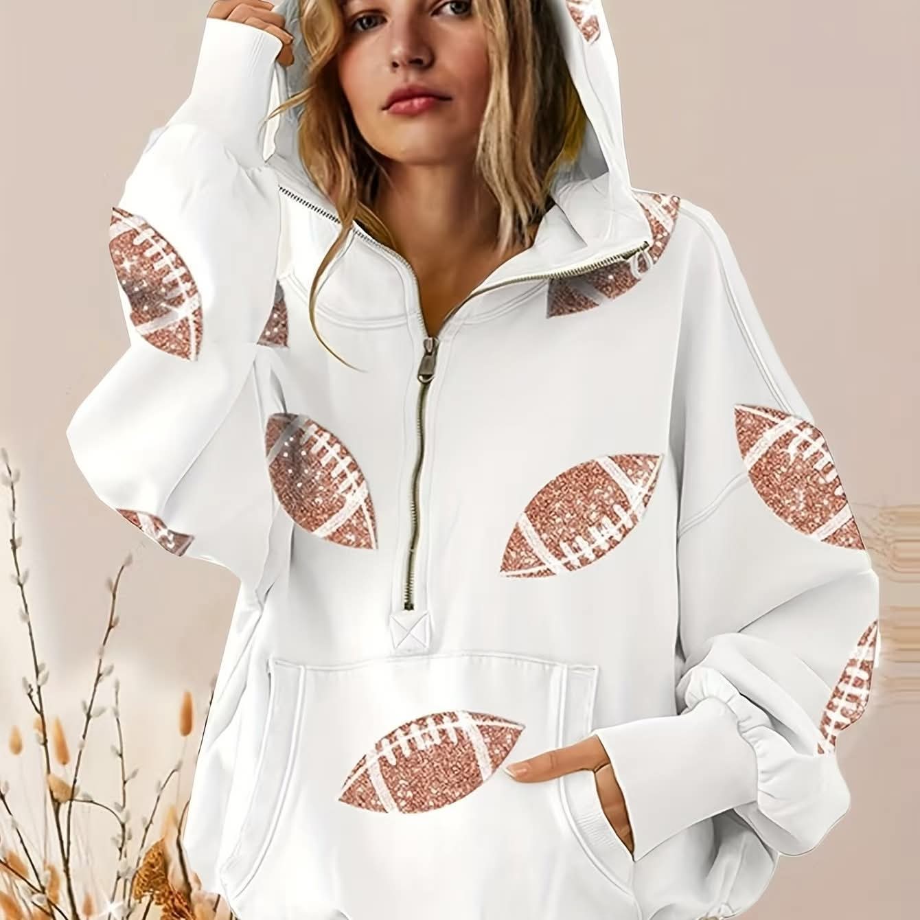 Football Sequin Half Zip Hoodie