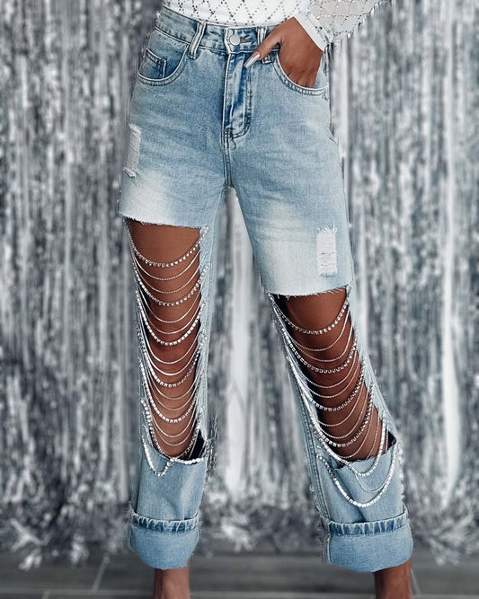 Rhinestone Chain Ripped Cut Out Jeans